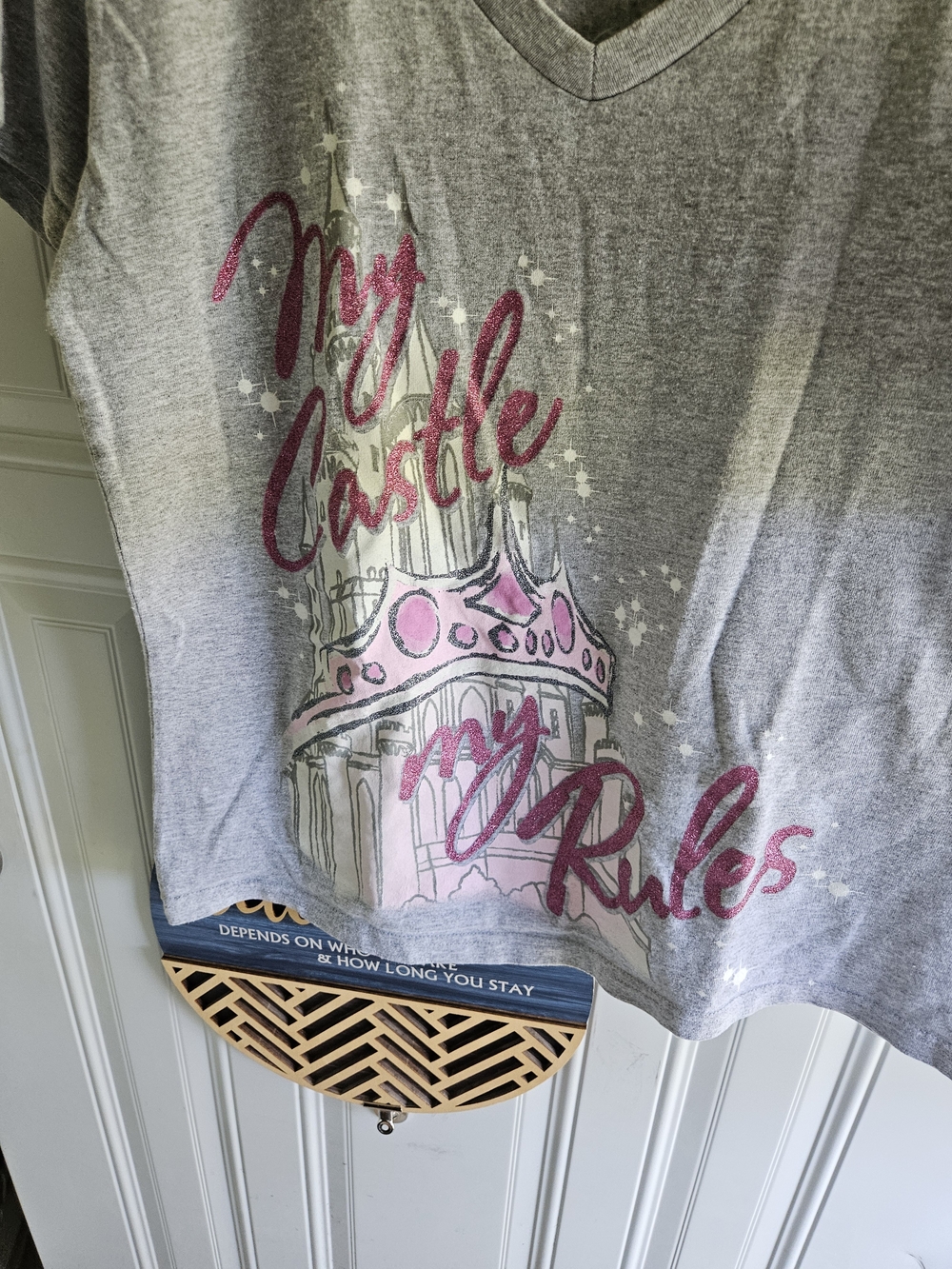 Disney Womens' Gray My Csstle My Rules Tee with Pink Castle Glitter Graphic